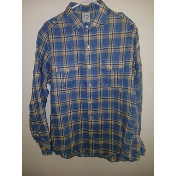 Brooks Brothers Other - Brooks Brothers Shirt Large Roll Sleeve Blue Plaid Irish Linen Two Pockets